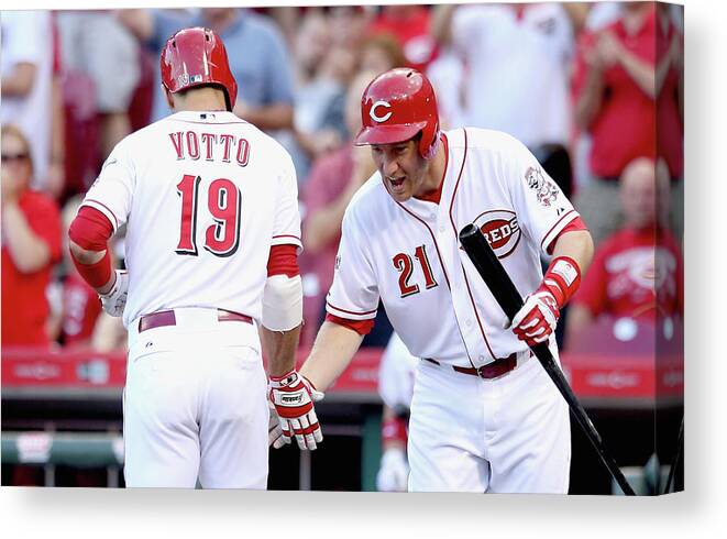 Great American Ball Park Canvas Print featuring the photograph Todd Frazier and Joey Votto by Andy Lyons