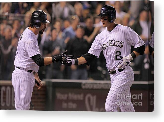 People Canvas Print featuring the photograph Todd Helton, Clayton Kershaw, and Troy Tulowitzki by Doug Pensinger