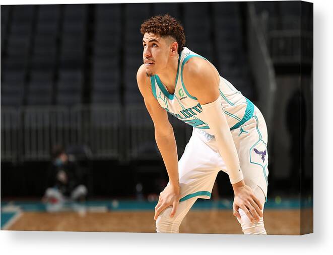 Lamelo Ball Canvas Print featuring the photograph Toronto Raptors v Charlotte Hornets by Kent Smith