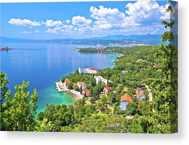 Omisalj Canvas Print featuring the photograph Town of Omisalj beach and coastline on Krk island aerial view by Brch Photography
