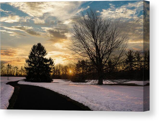 Sunrise Canvas Print featuring the photograph Trexler Park - Upper Paths Winter Sunrise Wide by Jason Fink
