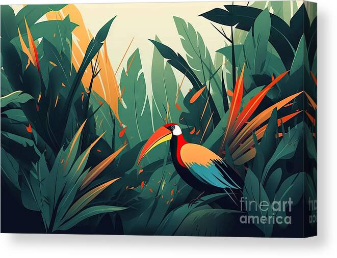 Jungle Canvas Print featuring the painting Tropical leaves with bird of paradise, jungle background, Illust by N Akkash