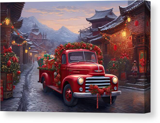 Christmas Art Canvas Print featuring the painting Truckload of Christmas Cheer by Lourry Legarde