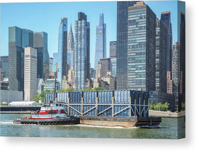 East River Canvas Print featuring the photograph Tug and Container Barge by Cate Franklyn