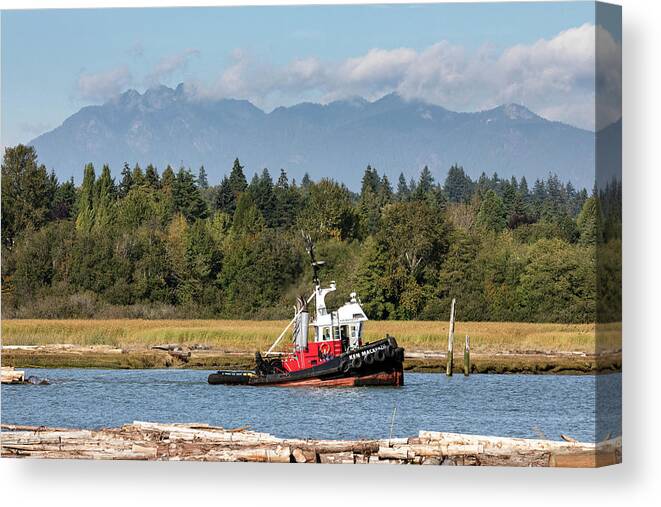 Boats Canvas Print featuring the photograph Tugboat Pulling Log Boom on the Fraser River by Michael Russell
