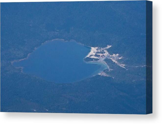 Aomori Prefecture Canvas Print featuring the photograph Usori lake and Mount Osore daytime aerial view from airplane by Taro Hama @ e-kamakura