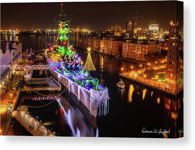 Bb-64 Canvas Print featuring the photograph USS Wisconsin Christmas 3 by Donna Twiford
