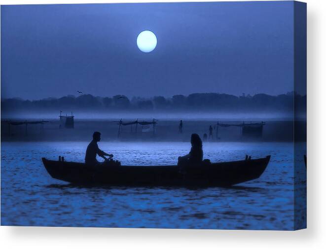 Photography Canvas Print featuring the photograph Varanasi Boat Ride at Night by Craig Boehman