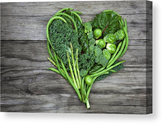 Broccoli Canvas Print featuring the photograph Vegetables - Green Heart Shape on Wood background by MadCircles
