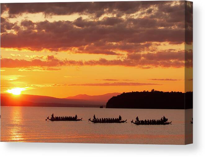 Vermont Canvas Print featuring the photograph Vermont Dragon Boat Races on Lake Champlain at Sunset by Blue Spruce Imagery