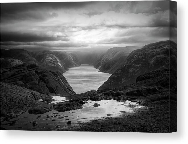 Clouds Canvas Print featuring the photograph View from the Top of Preikestolen The Pulpit Rock Black and Whit by Debra and Dave Vanderlaan