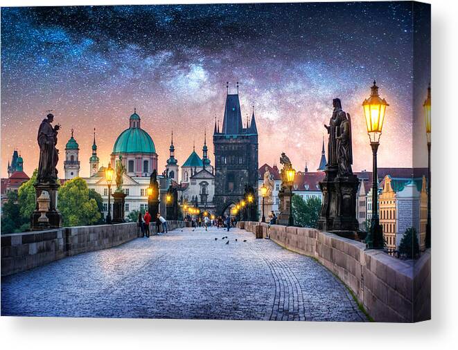 Gothic Style Canvas Print featuring the photograph View of Charles Bridge in Prague at night with milky way. Czech Republic by Eloi_Omella