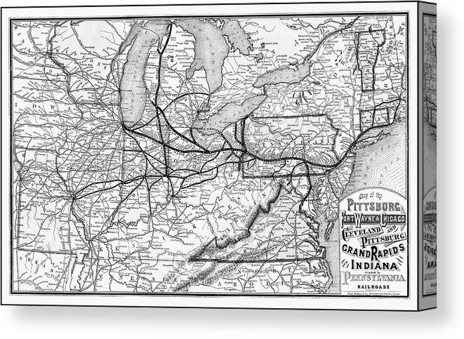 Railroad Canvas Print featuring the photograph Vintage Railroad Map 1874 Pittsburgh and Beyond Black and White by Carol Japp