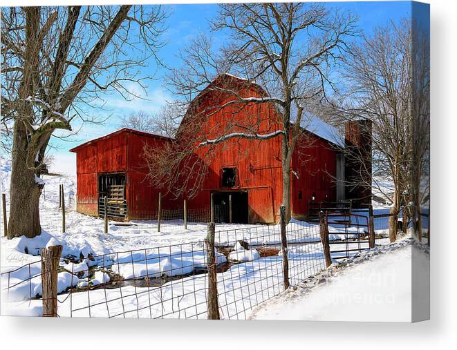 Barn Canvas Print featuring the photograph Vintage Red Barn in Snow by Shelia Hunt