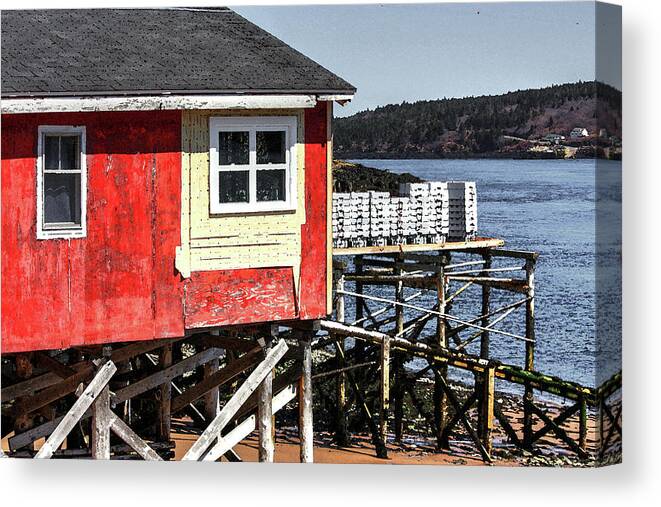 Nova Scotia Canada Bay Of Fundy Petit Passage Sea Shore Beach Tide Supports Boats Dory Slip Way Fishing Huts Shacks Boat House Red Shack Lobster Pots Carry All Sea Fishing Plant Canvas Print featuring the photograph Waiting for for the boat by David Matthews