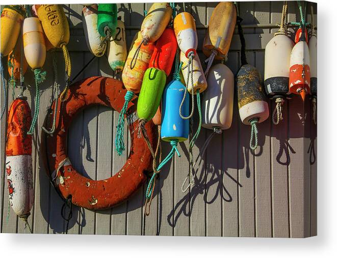 Crab Canvas Print featuring the photograph Wall Full Of Fishing Bouys by Garry Gay