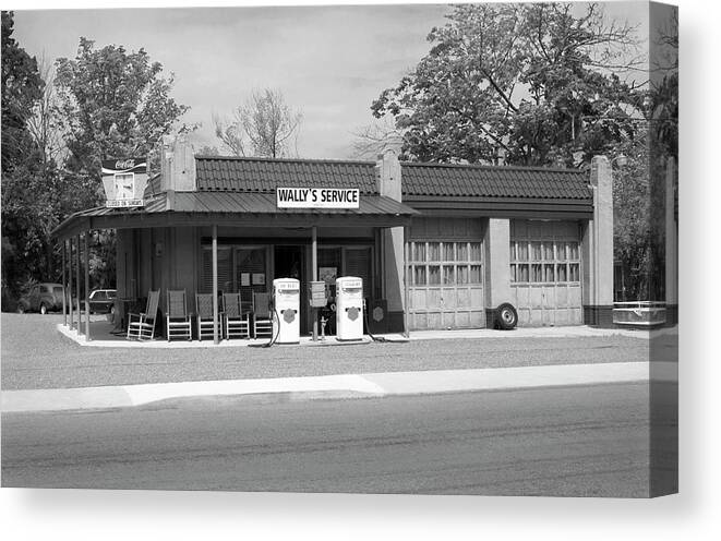 Wallys Service Station Photo Canvas Print featuring the photograph Wallys Service Station Mt. Airy NC - Mayberry BW by Bob Pardue