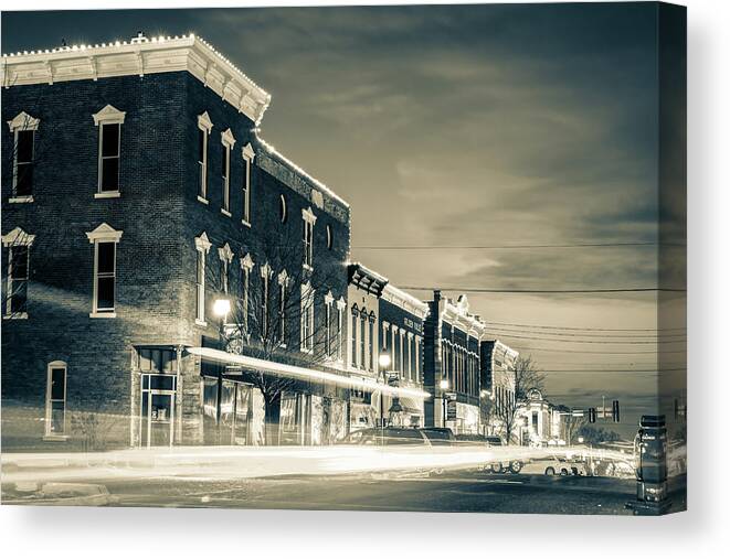 Rogers Skyline Canvas Print featuring the photograph Walnut Street Skyline in Rogers Arkansas - Sepia Edition by Gregory Ballos