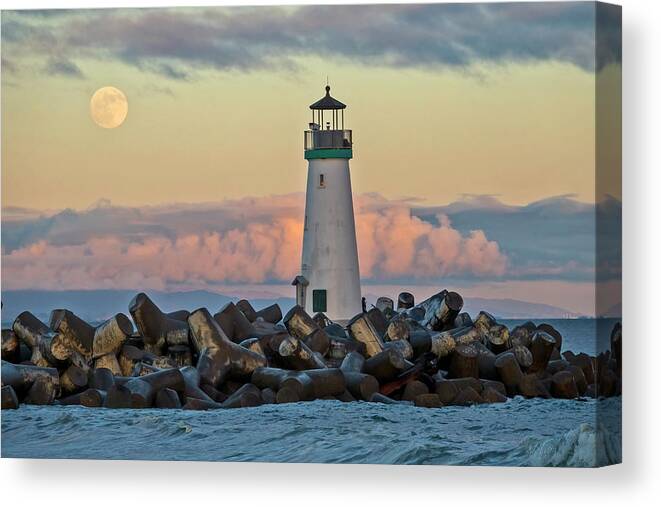 Full Moon Canvas Print featuring the photograph Walton Lighthouse with Full Moon #1 by Carla Brennan