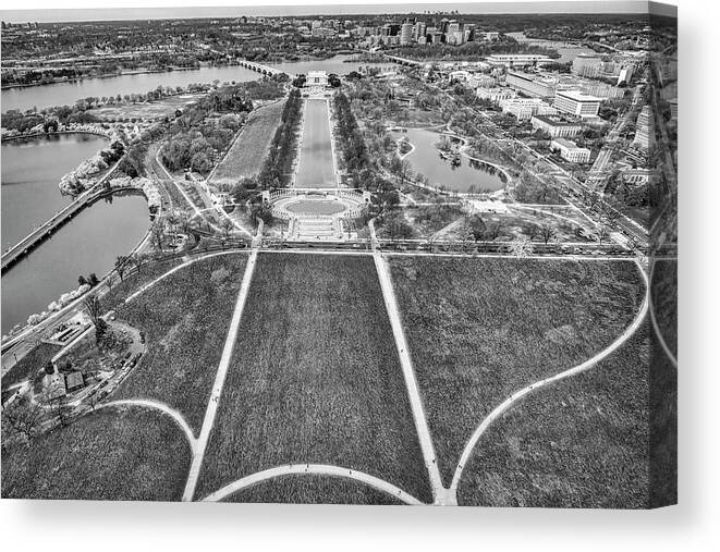Washington Dc Canvas Print featuring the photograph Washington DC Memorials Aerial BW by Susan Candelario