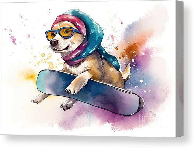 Dog Canvas Print featuring the painting Watercolor Illustration of a A Funny Dog With Scarf And Ski Gogg by N Akkash