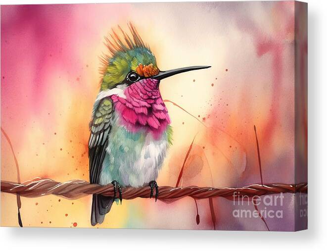 Hummingbird Canvas Print featuring the painting Watercolor illustration of a vibrant hummingbird bird with color by N Akkash