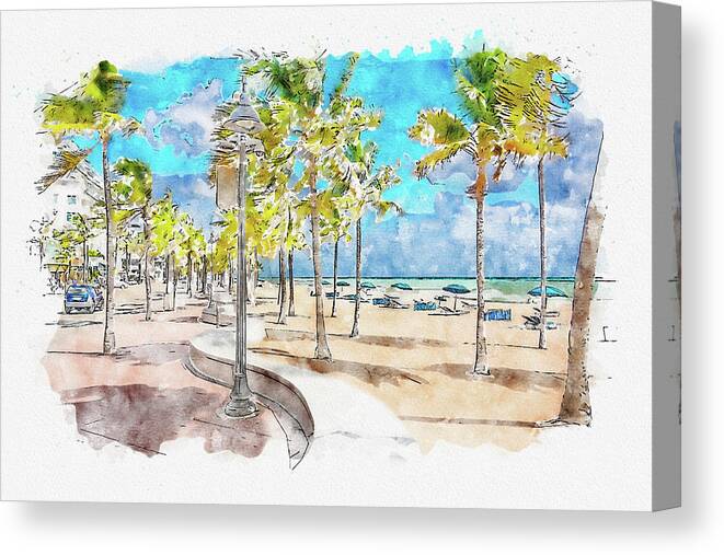 Fort Lauderdale Canvas Print featuring the digital art Watercolor painting illustration of Seafront beach promenade with palm trees in Fort Lauderdale by Maria Kray