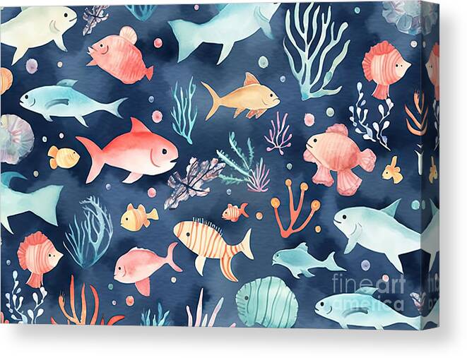 Sea Canvas Print featuring the painting Watercolor sea life pattern by N Akkash