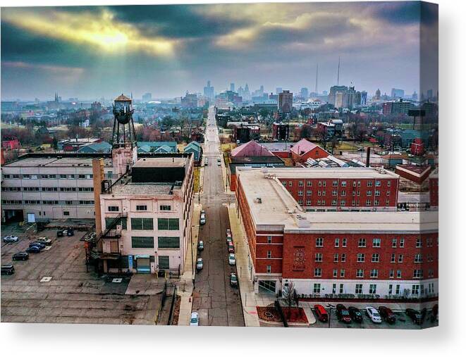 Detroit Canvas Print featuring the photograph Watertower Skyline DJI_0690 by Michael Thomas