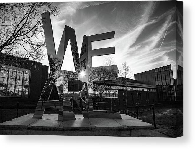 State College Pennsylvania Canvas Print featuring the photograph We Are sculpture at Penn State University in black and white by Eldon McGraw