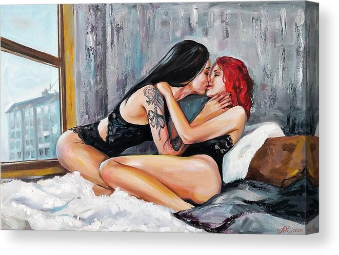 Lesbian Canvas Print featuring the painting We found love in a hopeless place by Alex Kalenova
