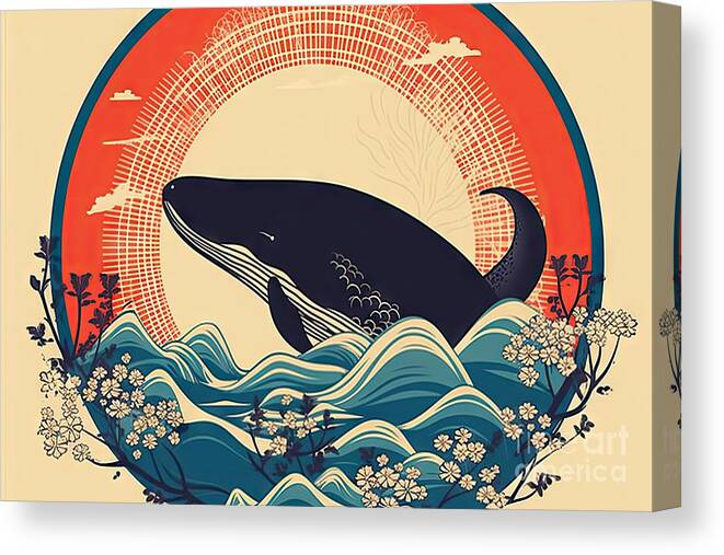 Japanese Canvas Print featuring the painting Whale Illustration Design With Retro Japanese Style Background by N Akkash