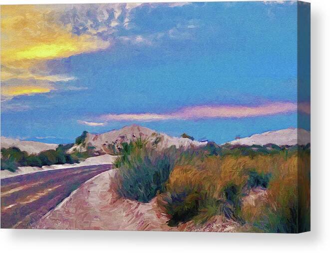 White Sands Canvas Print featuring the mixed media White Sands New Mexico at Dusk Painting by Tatiana Travelways