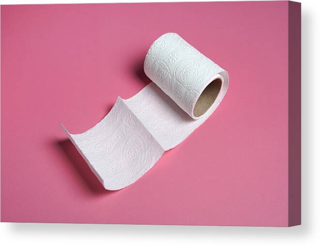 Social Issues Canvas Print featuring the photograph White toilet paper roll with on pink background by Eftoefto