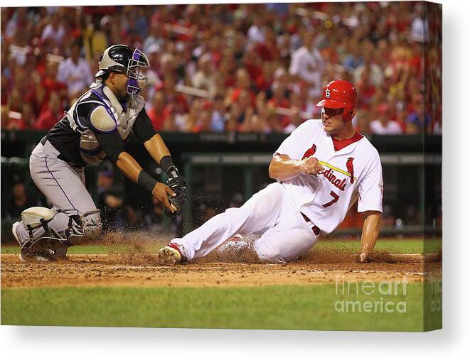 St. Louis Cardinals Canvas Print featuring the photograph Wilin Rosario and Matt Holliday by Dilip Vishwanat