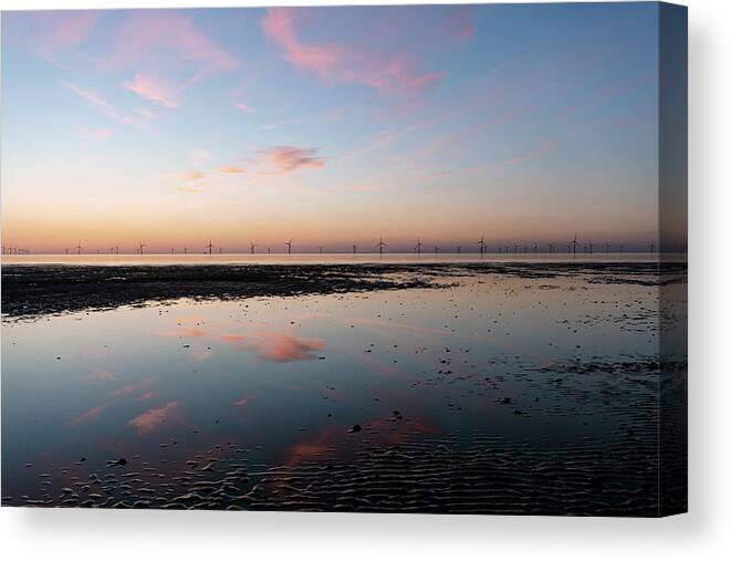 Hoylake Canvas Print featuring the photograph Windmills at Sunset by Spikey Mouse Photography