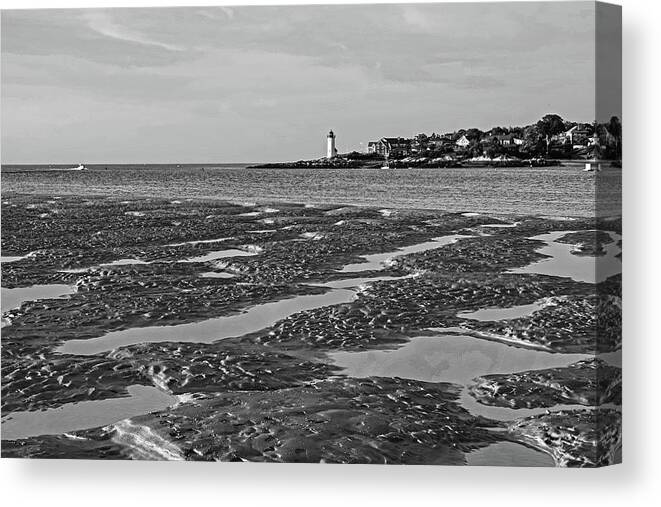 Wingaersheek Canvas Print featuring the photograph Wingaersheek Beach Sand Patterns Gloucester MA Annisquam Lighthouse Sand Bar Pools Black and White by Toby McGuire