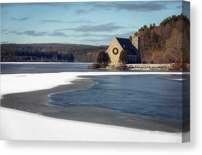 Old Stone Church W. Boylston West Wreath Winter Ice Snow Winter Sky Tear Brian Hale Brianhalephoto Canvas Print featuring the photograph Winter Church by Brian Hale