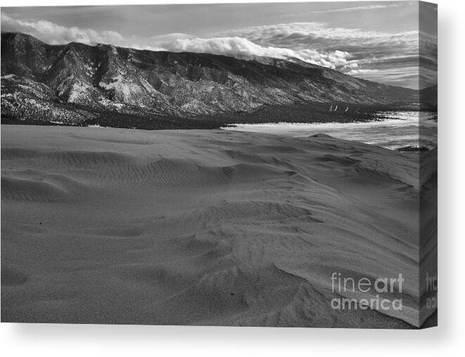 Great Canvas Print featuring the photograph Winter Storms Approaching Great Sand Dunes National Park Black And White by Adam Jewell