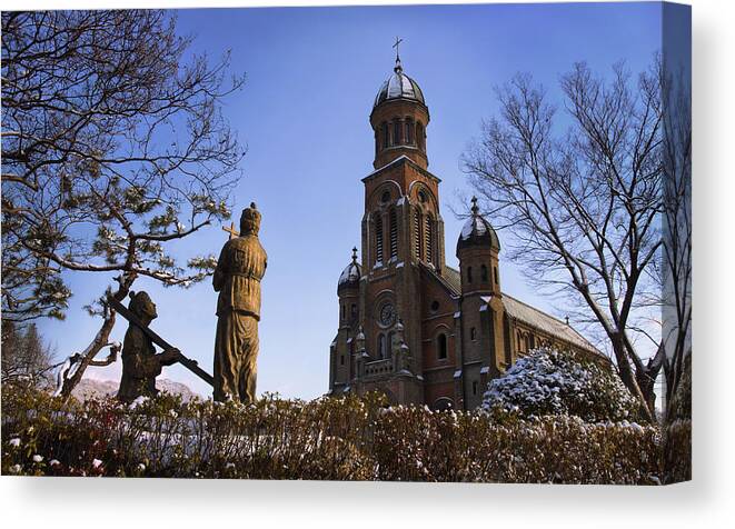 Korea Canvas Print featuring the photograph Wintery Worship Cathedral by Greg Timlin Photography