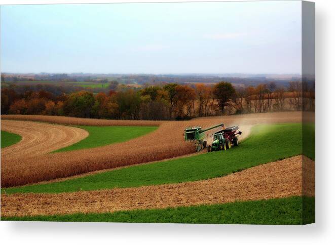 Wisconsin Farm Farming Corn John Deere Combine Tractor Contour Agriculture Harvest Landscape Scenic Canvas Print featuring the photograph WisContours - Corn harvest on the driftless prairie of SW Wisconsin by Peter Herman