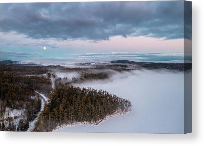 #wolf#full#moon#winter#maine#waterford#keokalake#mountains#cold# Canvas Print featuring the photograph Wolf Moon Over Waterford by Darylann Leonard Photography