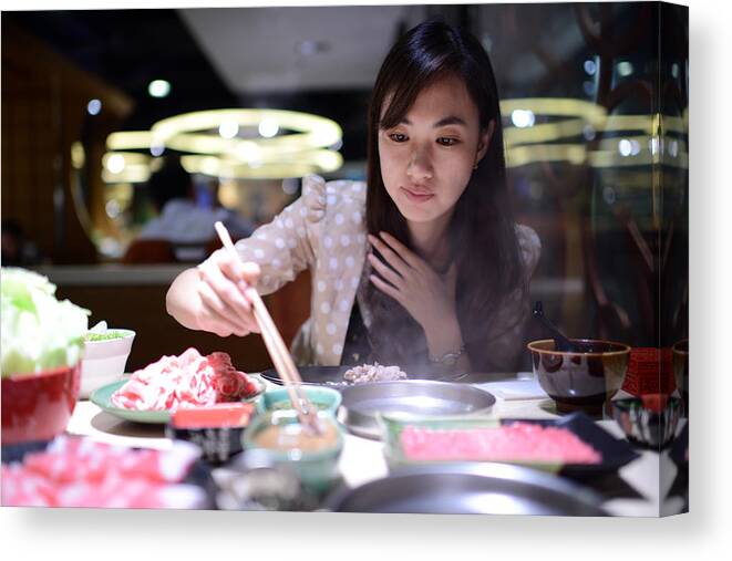 Chinatown Canvas Print featuring the photograph Woman Eating Hot Pot - XXXLarge by PhotoTalk