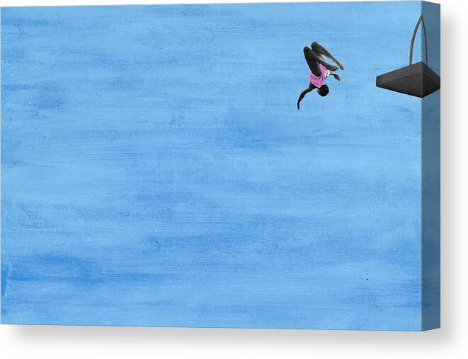 Diving Into Water Canvas Print featuring the photograph Woman in mid air diving from platform by Klaus Vedfelt