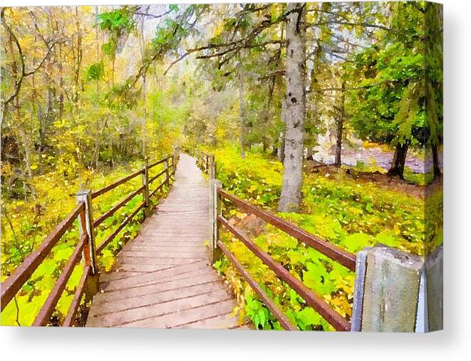 Travel Destination Canvas Print featuring the mixed media Wooden Trail at Gooseberry Falls Watercolor by Susan Rydberg