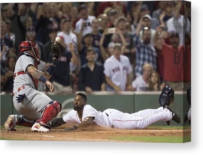 Scoring Canvas Print featuring the photograph Yadier Molina and Jackie Bradley by Michael Ivins/Boston Red Sox