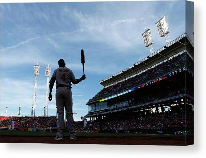 Great American Ball Park Canvas Print featuring the photograph Yadier Molina by Joe Robbins