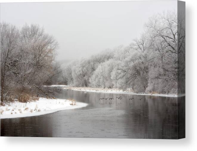 Yahara Canvas Print featuring the photograph Yahara Winterscape - Yahara river near Stoughton WI with geese flying by Peter Herman