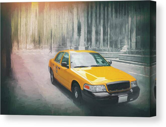 Chicago Canvas Print featuring the photograph Yellow Taxi Cab Downtown Chicago by Carol Japp