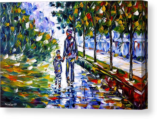 Autumn Walk Canvas Print featuring the painting Young Father With Son by Mirek Kuzniar